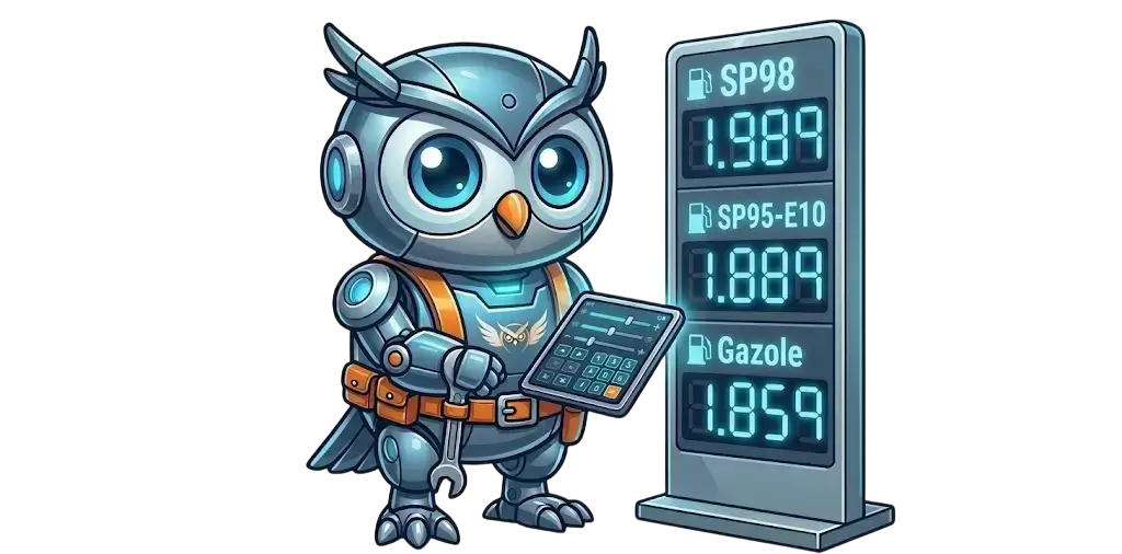 TowOwl — Comparateur de prix carburant, chouette avec panneau de prix